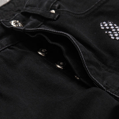 CHROME HEARTS PINK & CHECKERED CROSS PATCH FLEURKNEE JEANS BLACK Status Shipping