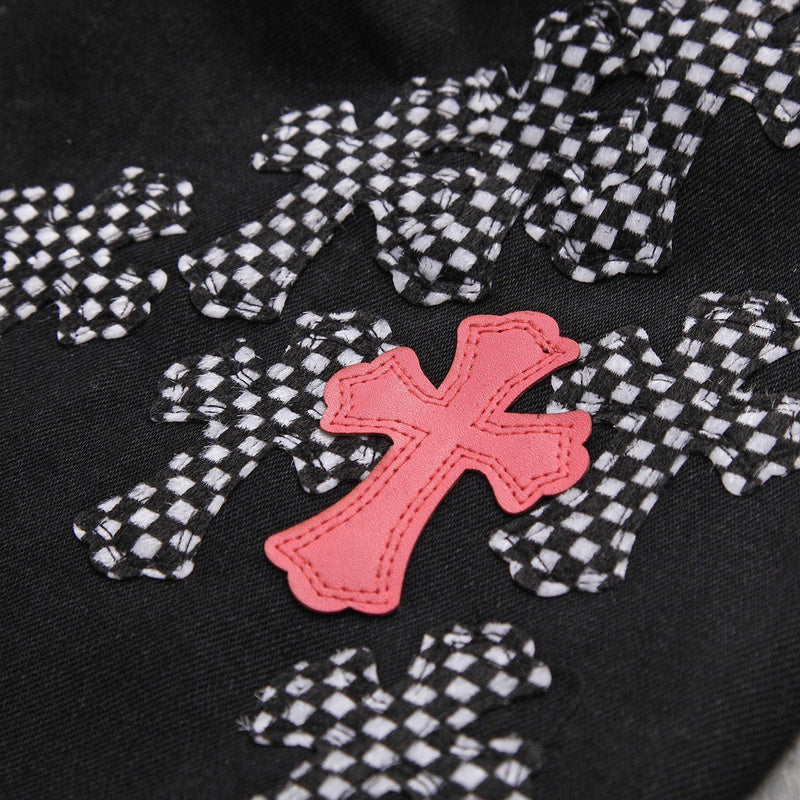 CHROME HEARTS PINK & CHECKERED CROSS PATCH FLEURKNEE JEANS BLACK Status Shipping