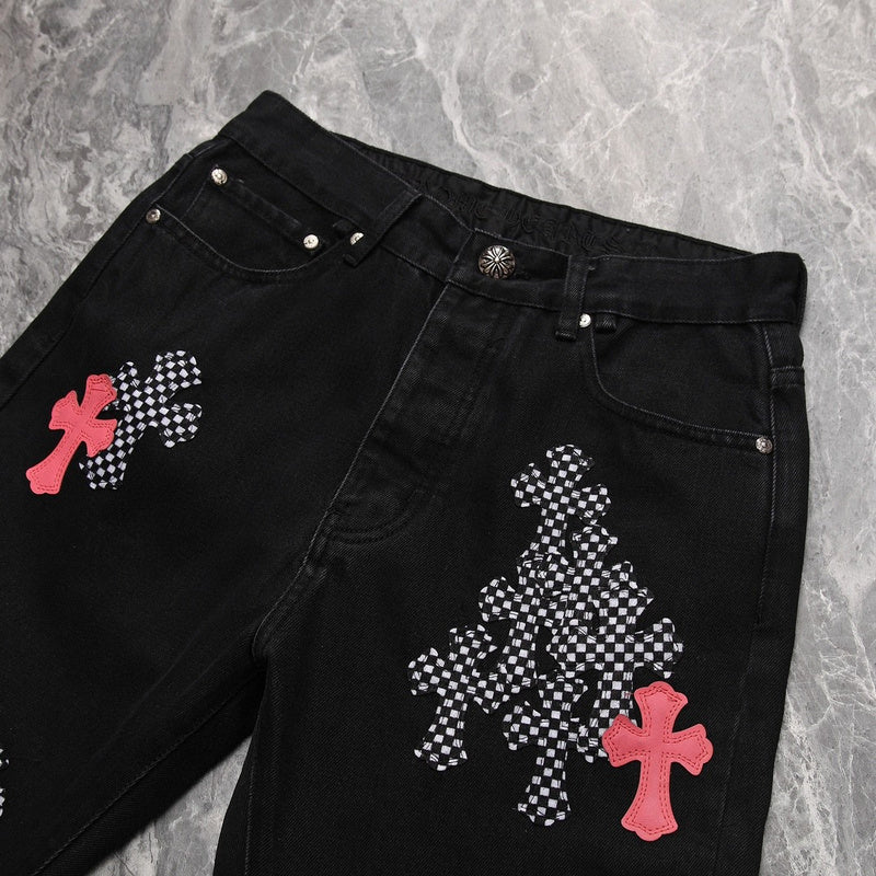 CHROME HEARTS PINK & CHECKERED CROSS PATCH FLEURKNEE JEANS BLACK Status Shipping