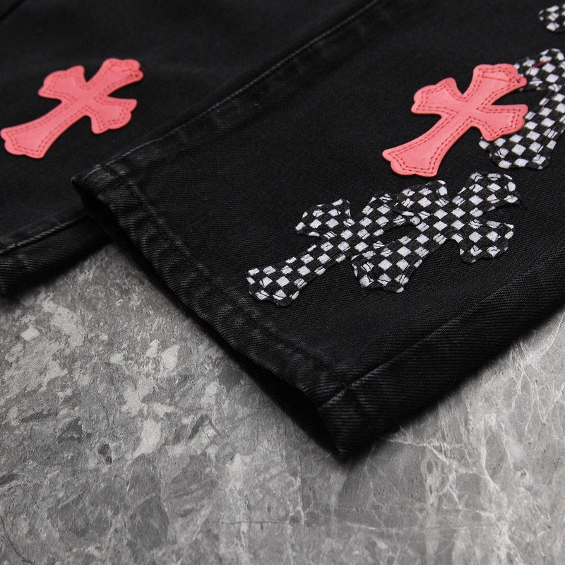CHROME HEARTS PINK & CHECKERED CROSS PATCH FLEURKNEE JEANS BLACK Status Shipping