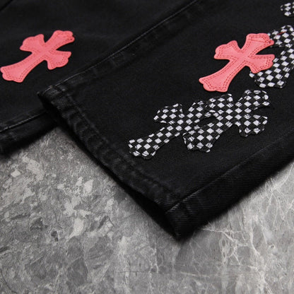 CHROME HEARTS PINK & CHECKERED CROSS PATCH FLEURKNEE JEANS BLACK Status Shipping