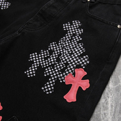 CHROME HEARTS PINK & CHECKERED CROSS PATCH FLEURKNEE JEANS BLACK Status Shipping