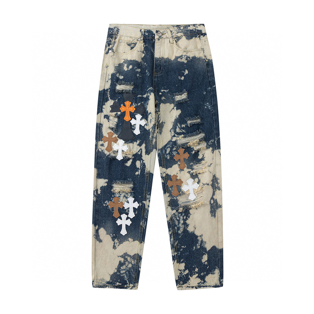 CHROME HEARTS TIE DYE WHITE ORANGE CROSS PATCH JEANS Status Shipping