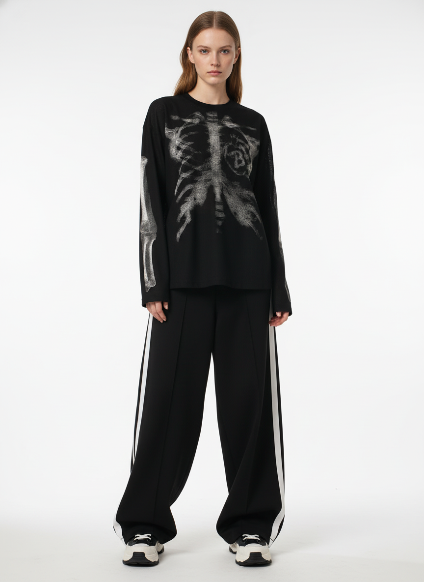 Skeleton Graphic Waffle Sweatshirt – Spooky Halloween Vibes - 2495 SP250915KSND