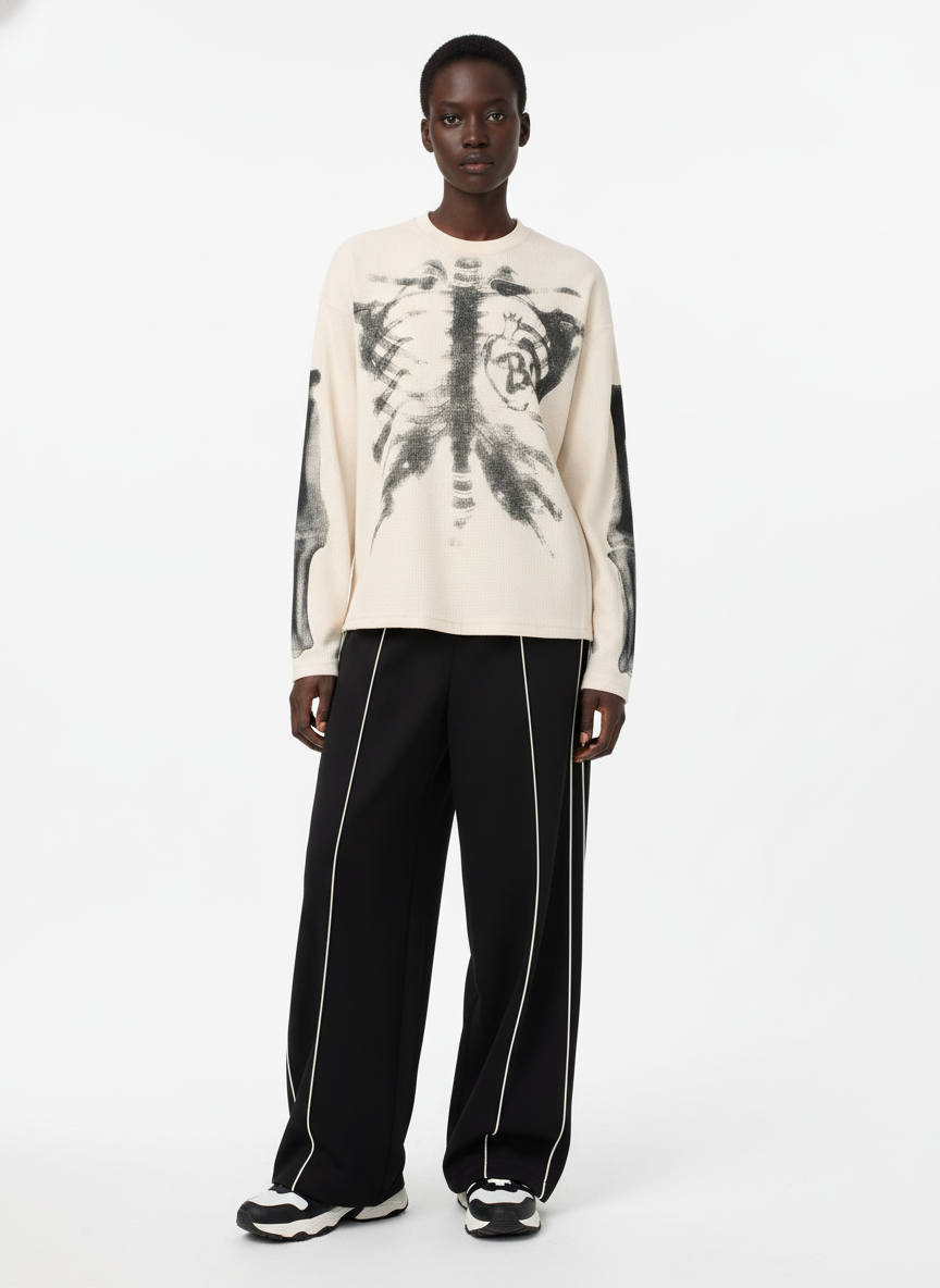 Skeleton Graphic Waffle Sweatshirt – Spooky Halloween Vibes - 2495 SP250915KSND