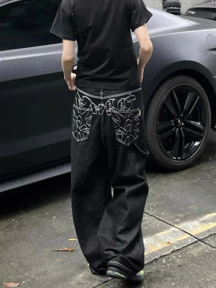 Baggy Black Embroidered Jeans Status Shipping