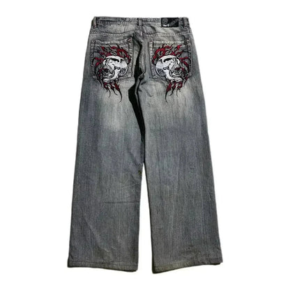 Grunge Skull Embroidery Mid Rise Jeans Status Shipping