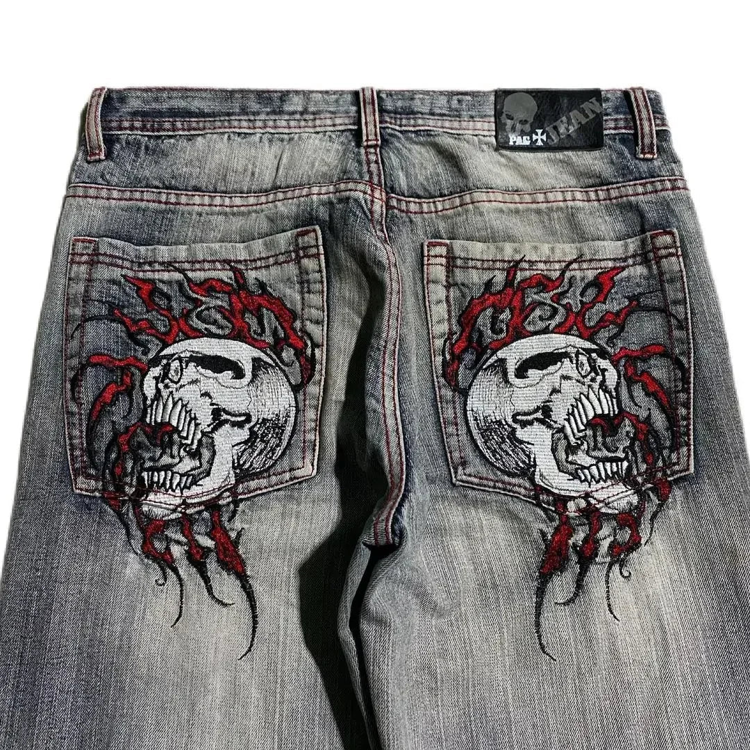 Grunge Skull Embroidery Mid Rise Jeans Status Shipping
