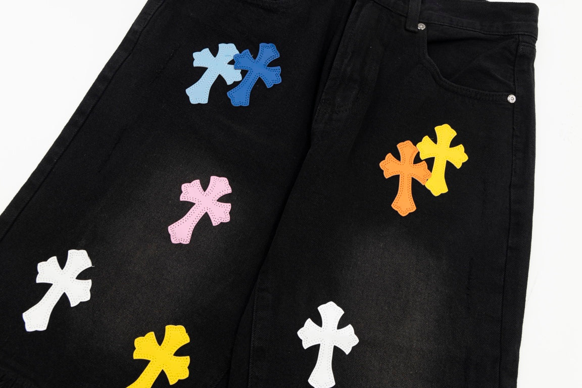 CHROME HEARTS MULTICOLOR CROSS PATCH JORTS BLACK Status Shipping
