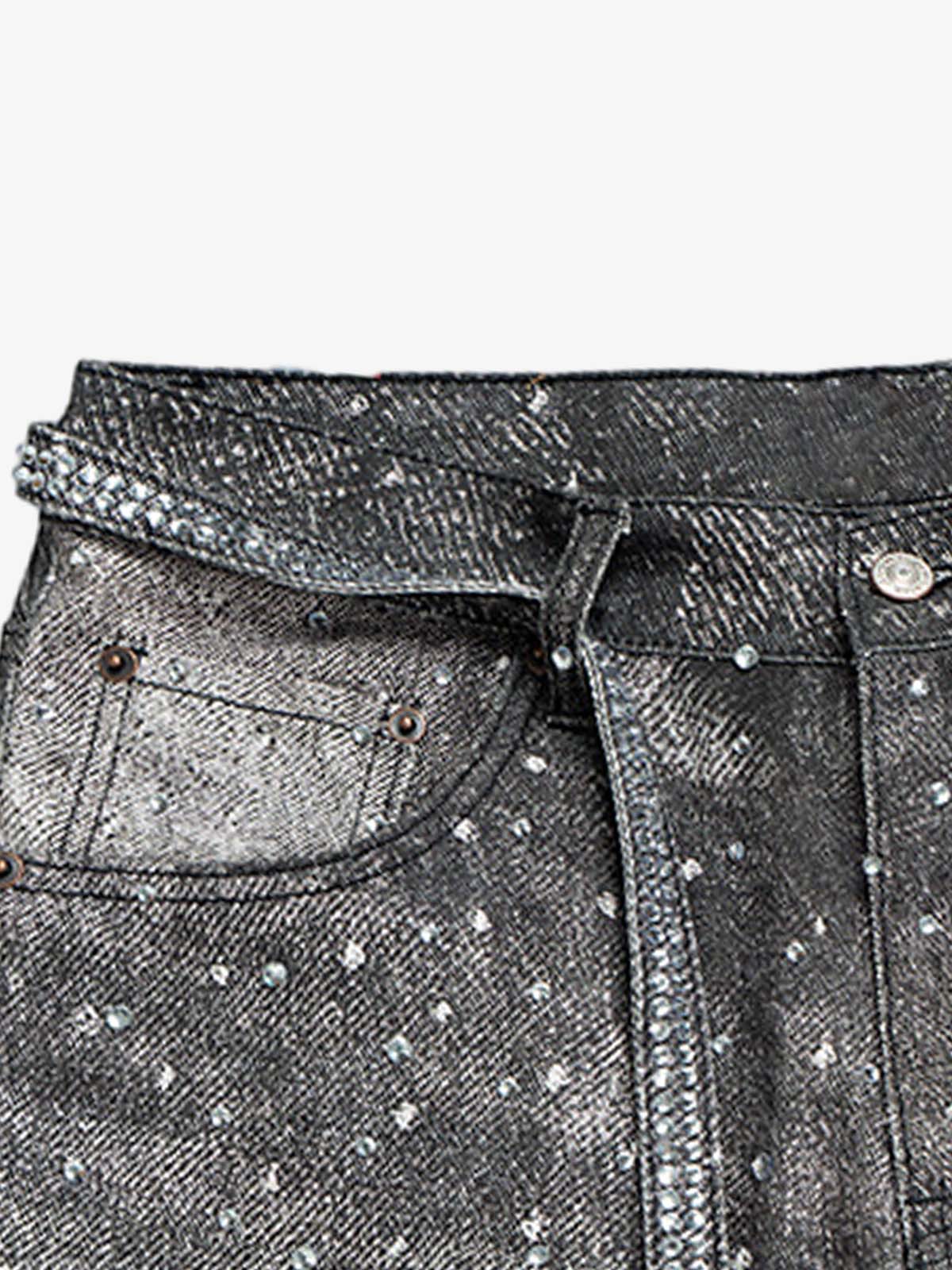 Denim Distressed Belt Diamond Decorated Jeans SP250915KSND