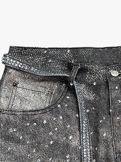 Denim Distressed Belt Diamond Decorated Jeans SP250915KSND