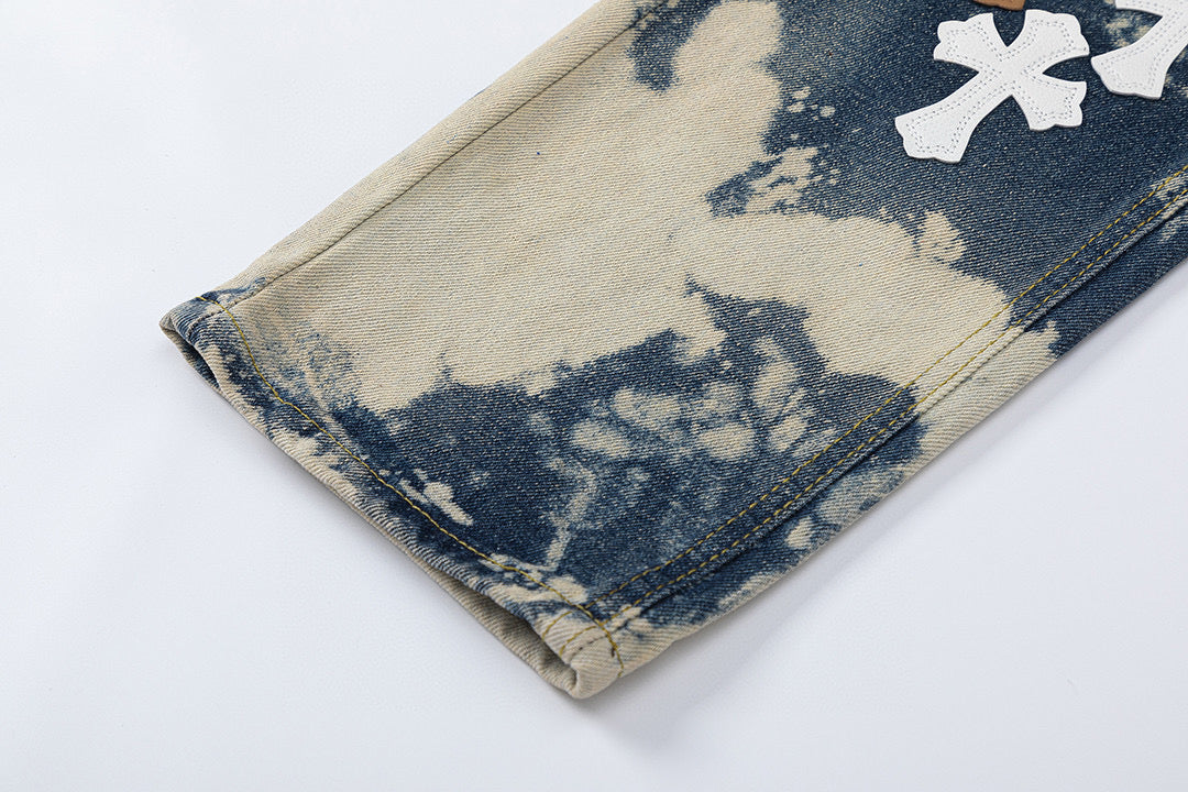 CHROME HEARTS TIE DYE WHITE ORANGE CROSS PATCH JEANS Status Shipping