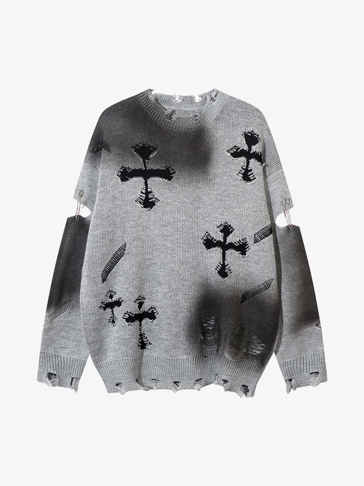 Vintage Spray-Painted Cross Hole Knit Sweater SP250915KSND