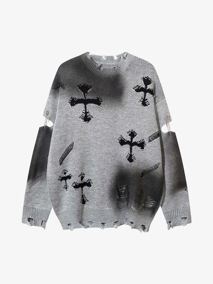 Vintage Spray-Painted Cross Hole Knit Sweater SP250915KSND