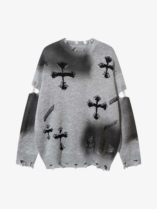 Vintage Spray-Painted Cross Hole Knit Sweater SP250915KSND