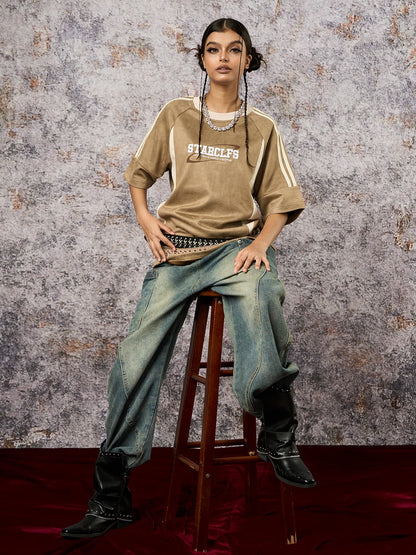 Suede Contrast Color Spliced Letter Embroidery Oversize T-shirt - 2462 SP250915KSND