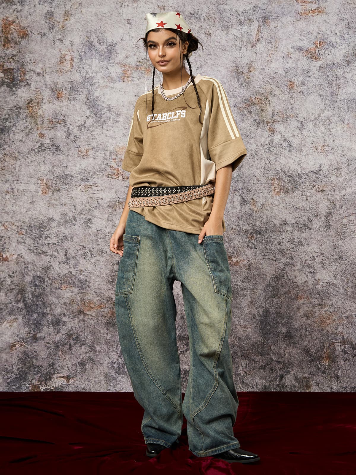 Suede Contrast Color Spliced Letter Embroidery Oversize T-shirt - 2462 SP250915KSND