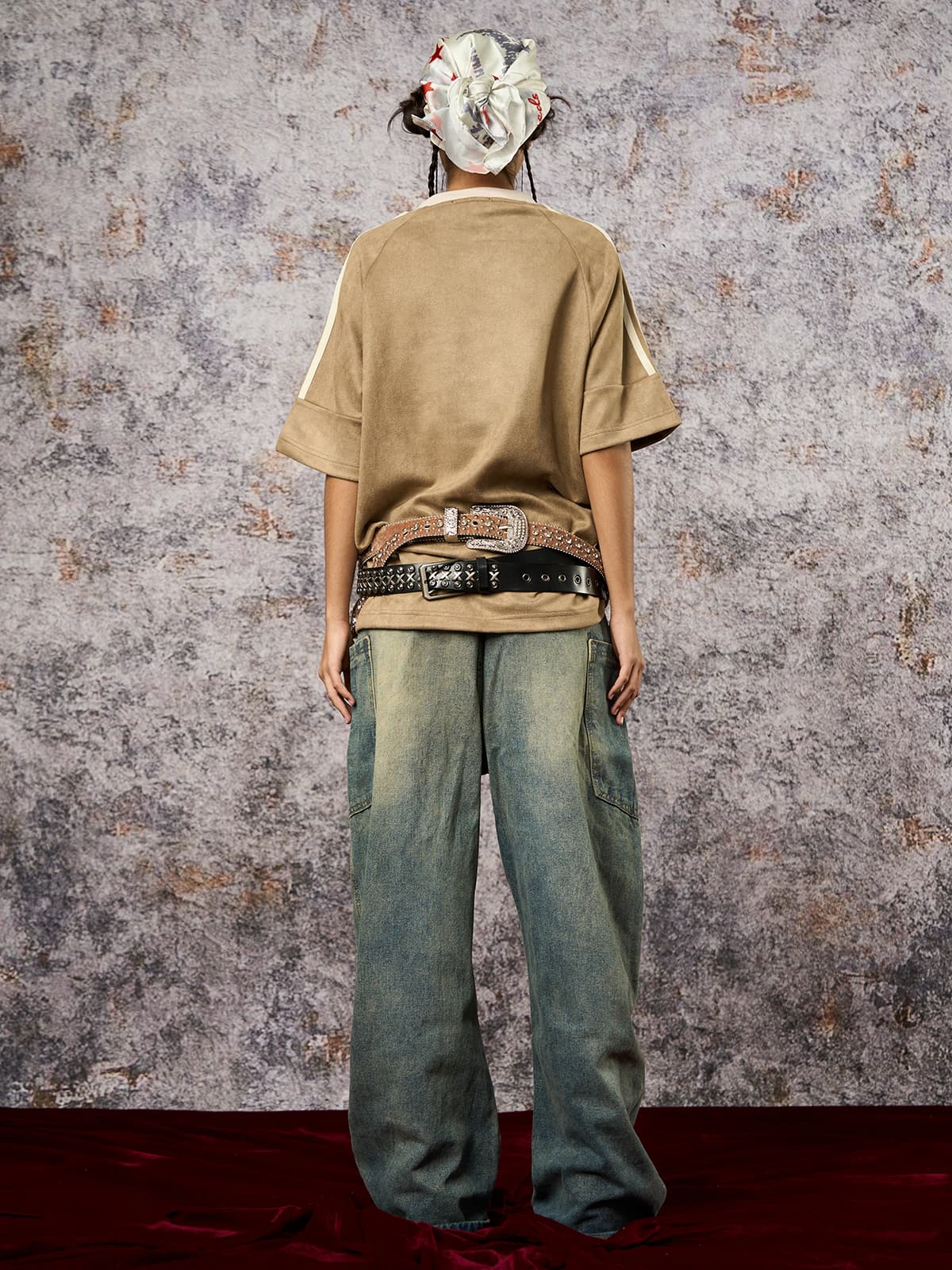 Suede Contrast Color Spliced Letter Embroidery Oversize T-shirt - 2462 SP250915KSND