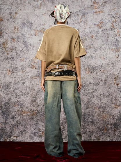 Suede Contrast Color Spliced Letter Embroidery Oversize T-shirt - 2462 SP250915KSND