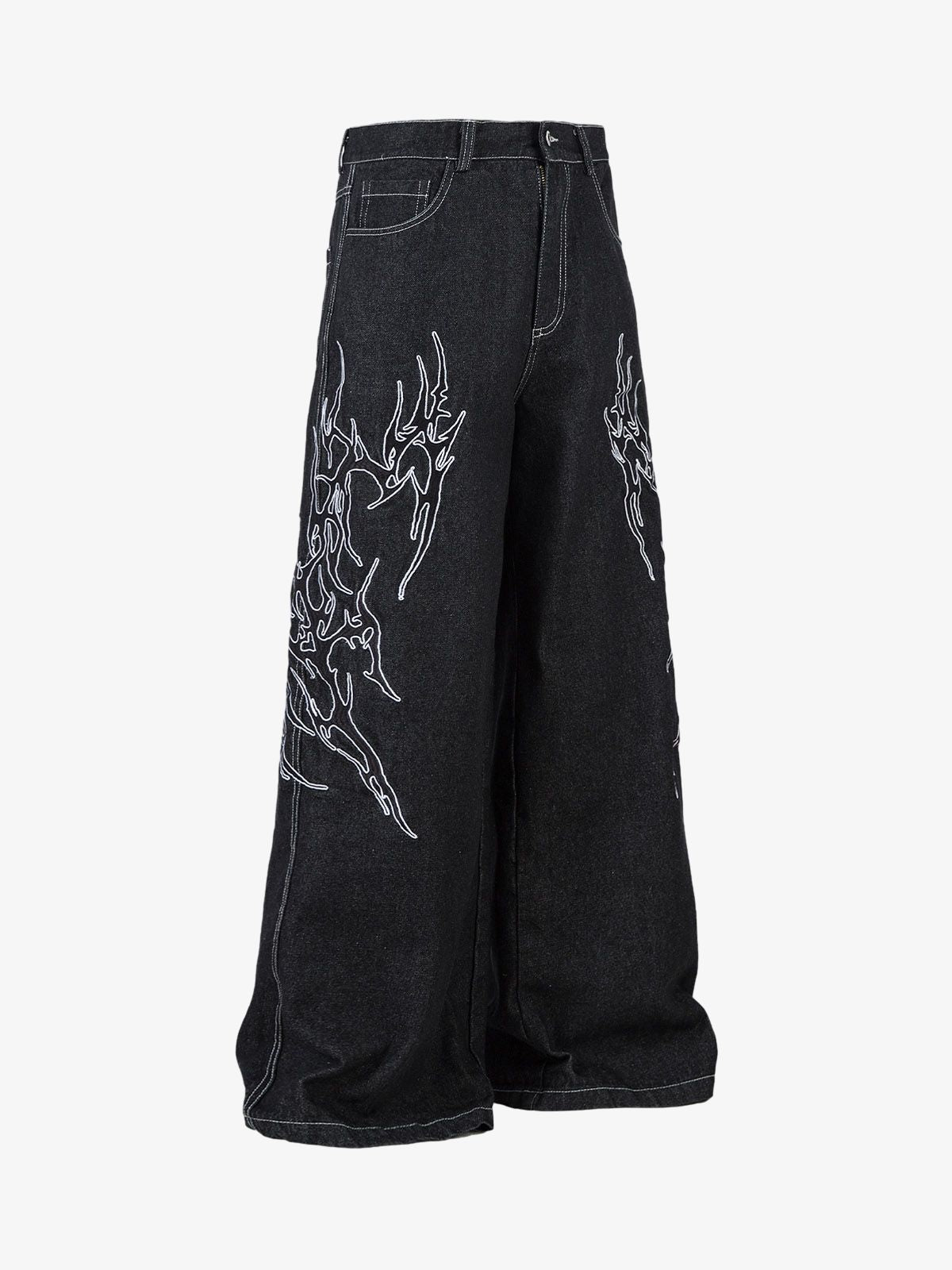 Denim Embroidered Flame Baggy Jeans - 2456 No Halo Co.