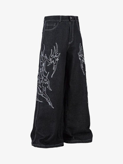 Denim Embroidered Flame Baggy Jeans - 2456 No Halo Co.