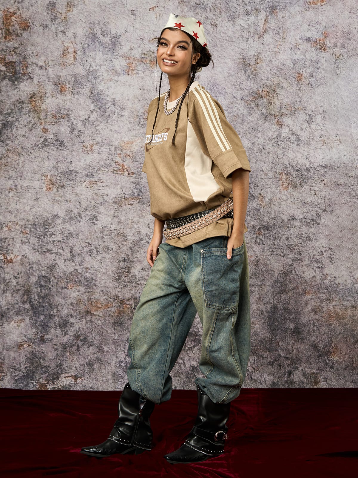 Suede Contrast Color Spliced Letter Embroidery Oversize T-shirt - 2462 SP250915KSND