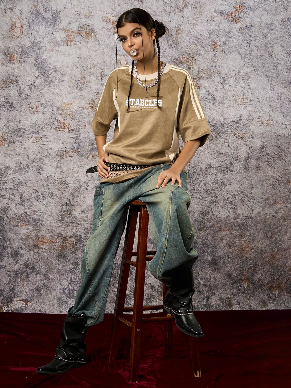 Suede Contrast Color Spliced Letter Embroidery Oversize T-shirt - 2462 SP250915KSND