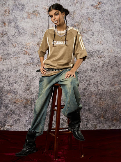 Suede Contrast Color Spliced Letter Embroidery Oversize T-shirt - 2462 SP250915KSND