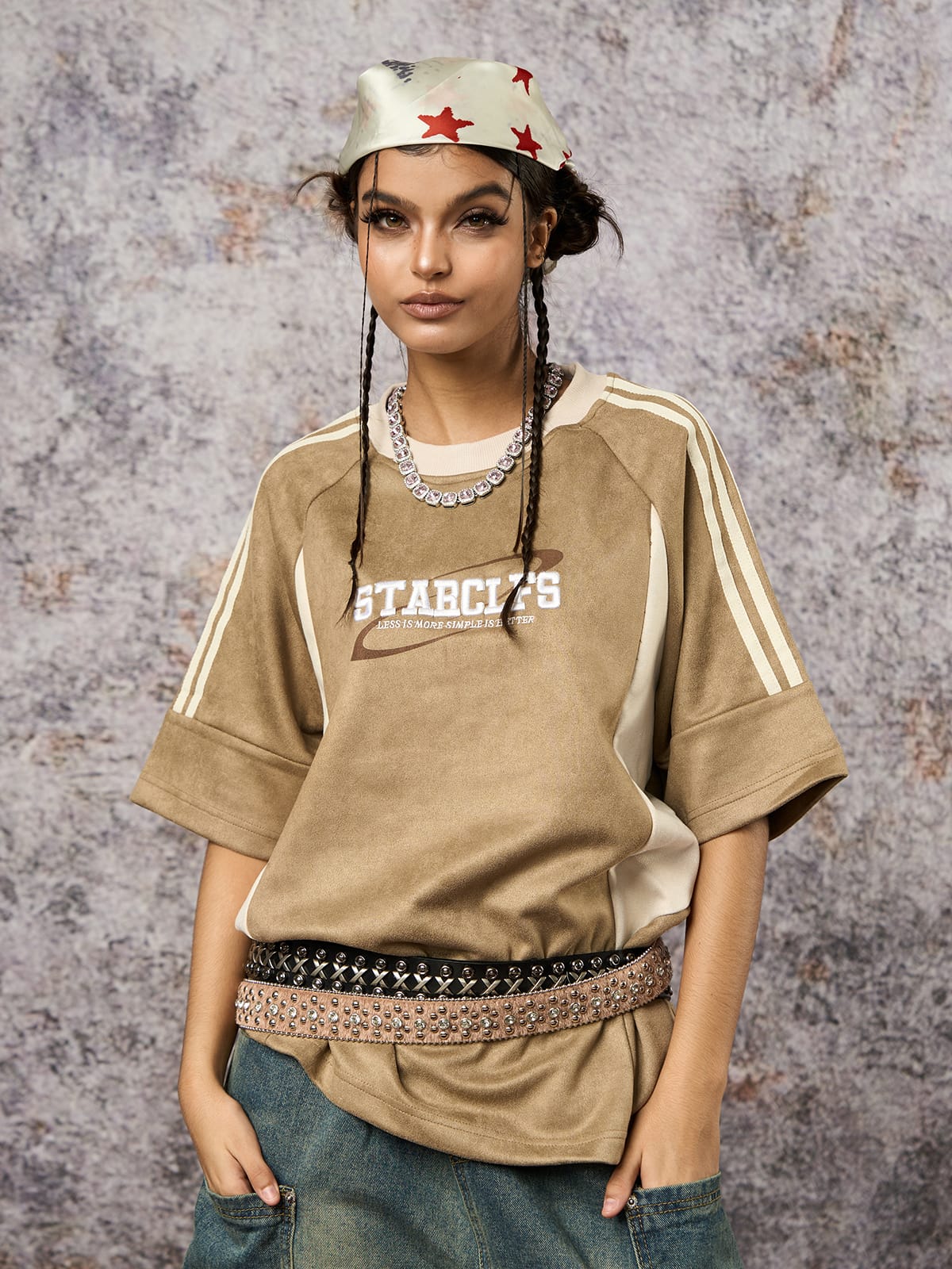 Suede Contrast Color Spliced Letter Embroidery Oversize T-shirt - 2462 SP250915KSND