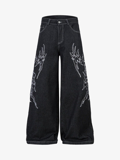 Denim Embroidered Flame Baggy Jeans - 2456 No Halo Co.