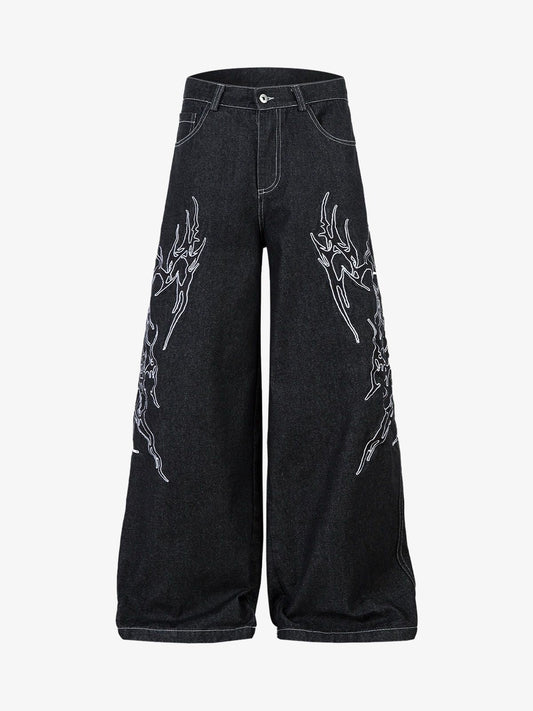 Denim Embroidered Flame Baggy Jeans - 2456 No Halo Co.