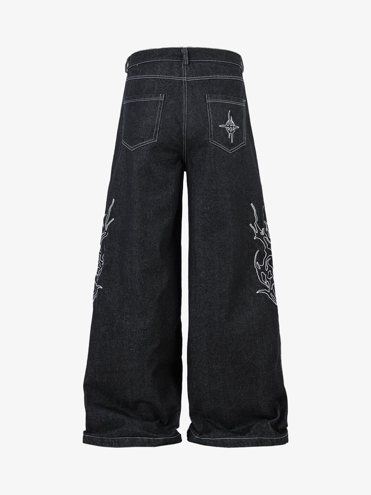 Denim Embroidered Flame Baggy Jeans - 2456 No Halo Co.