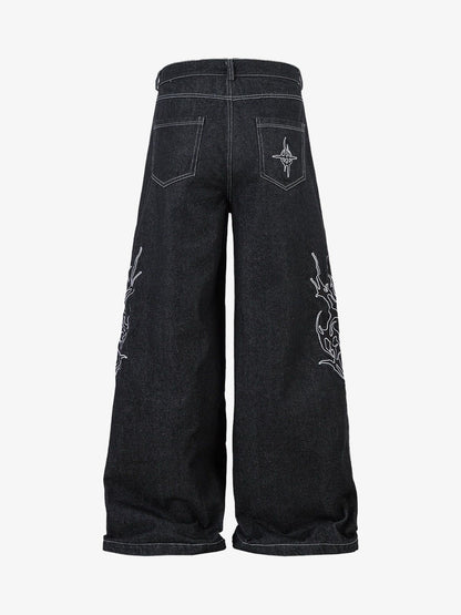 Denim Embroidered Flame Baggy Jeans - 2456 No Halo Co.