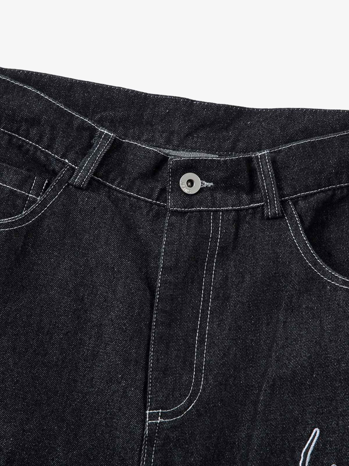 Denim Embroidered Flame Baggy Jeans - 2456 No Halo Co.