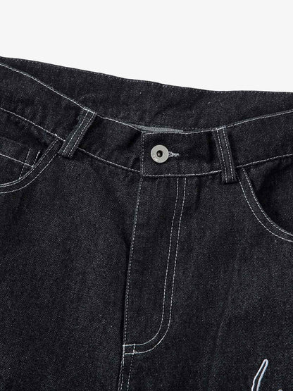 Denim Embroidered Flame Baggy Jeans - 2456 No Halo Co.