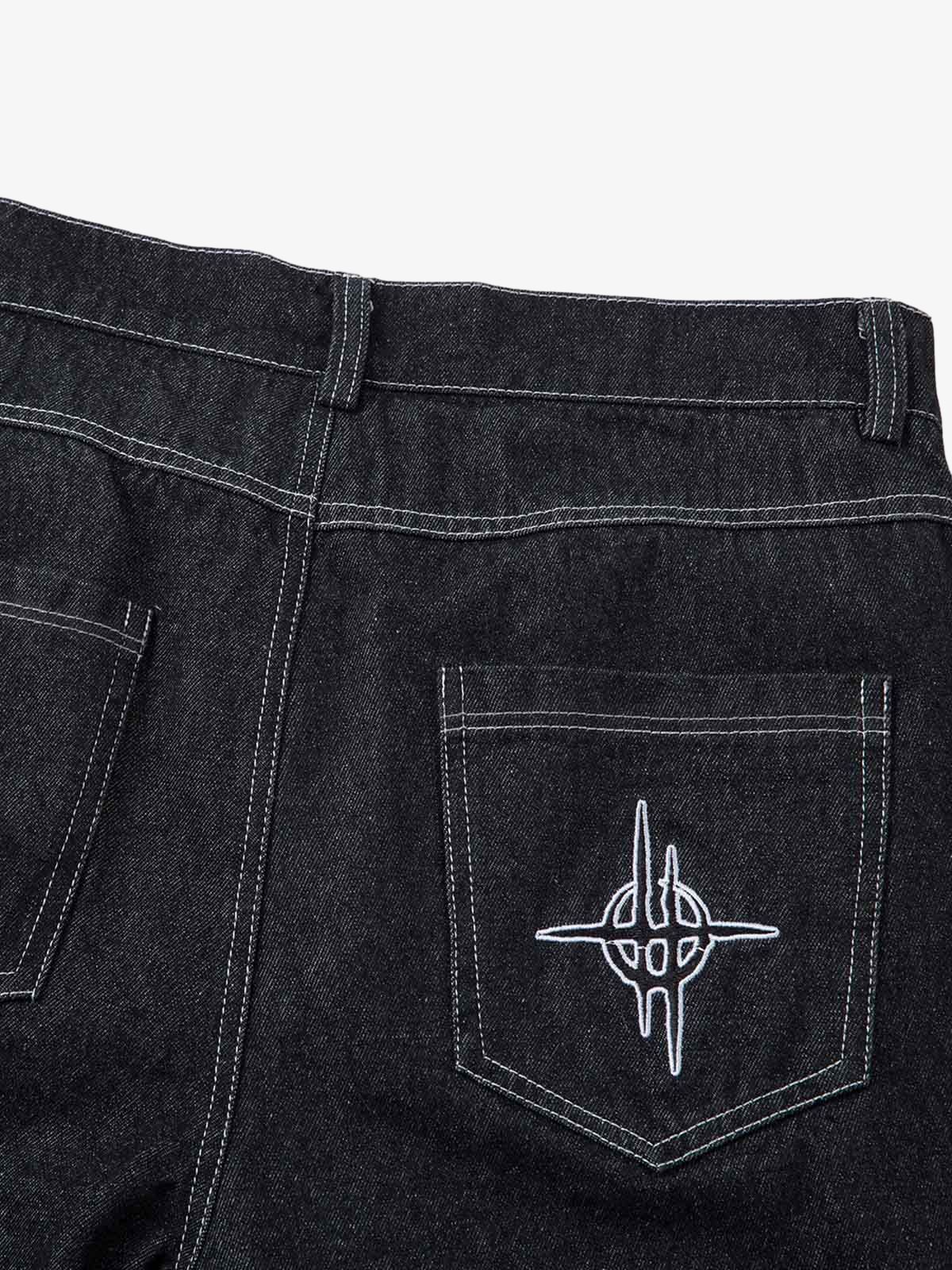 Denim Embroidered Flame Baggy Jeans - 2456 No Halo Co.