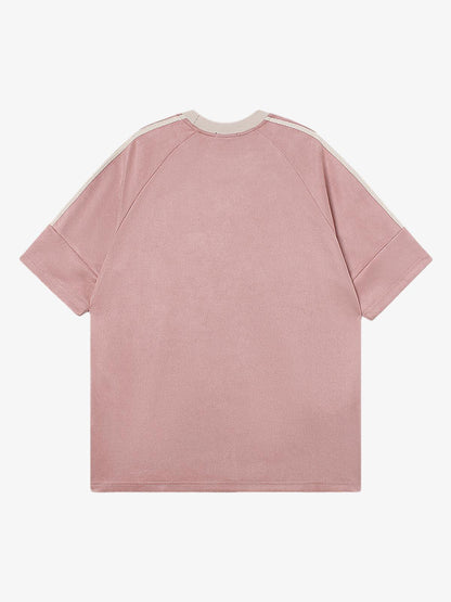 Suede Contrast Color Spliced Letter Embroidery Oversize T-shirt - 2462 SP250915KSND