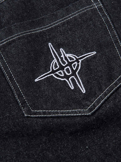 Denim Embroidered Flame Baggy Jeans - 2456 No Halo Co.