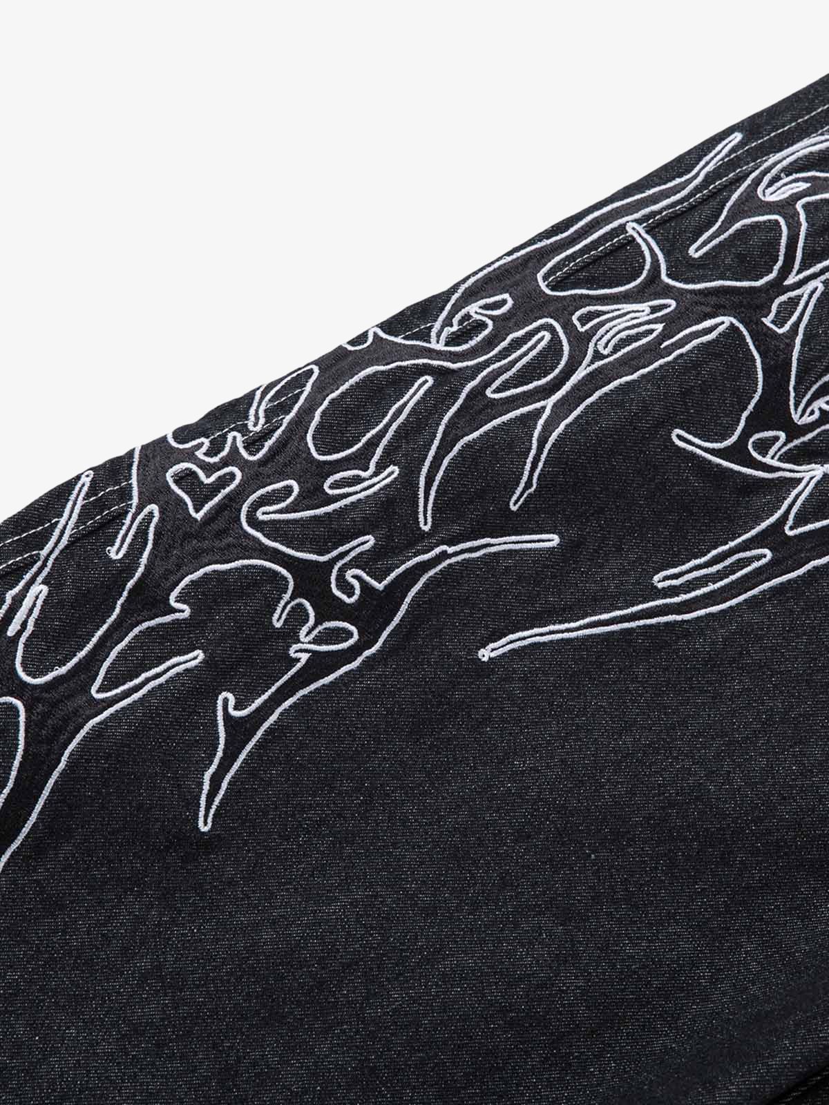 Denim Embroidered Flame Baggy Jeans - 2456 No Halo Co.