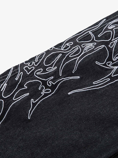 Denim Embroidered Flame Baggy Jeans - 2456 No Halo Co.