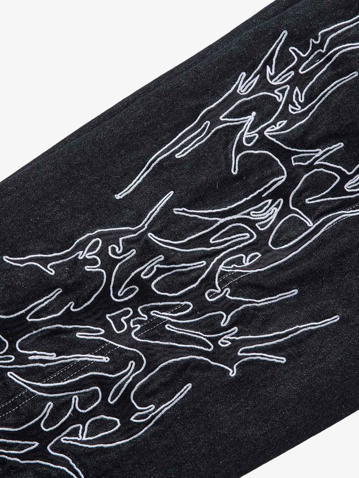 Denim Embroidered Flame Baggy Jeans - 2456 No Halo Co.