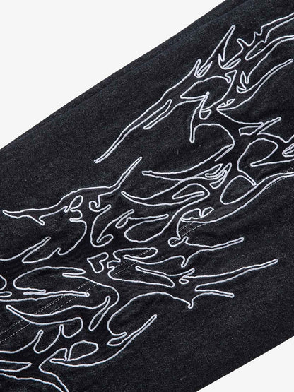 Denim Embroidered Flame Baggy Jeans - 2456 No Halo Co.